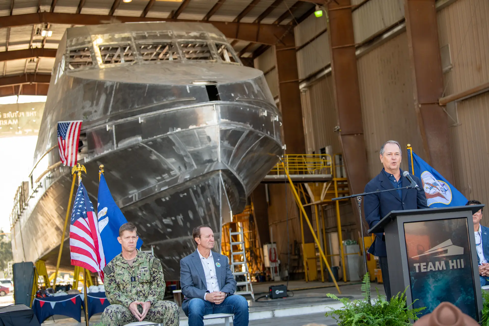 US Shipbuilder HII Dedicates First ROMULUS 151 USV Hull of 10 Drone Ships Ordered by the US Navy